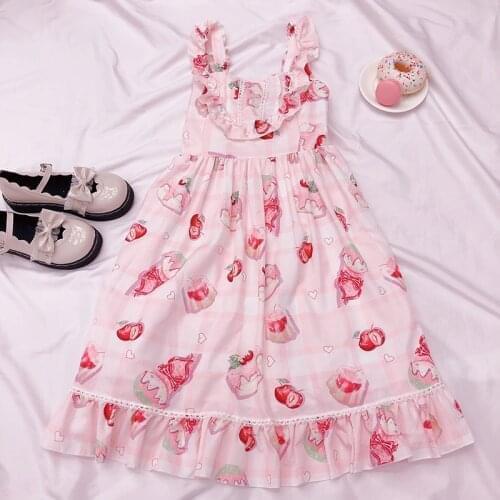Kawaii Lolita dress Japanese soft sister sweet dress a cute pink girl heart cherry print Sleeveless dress