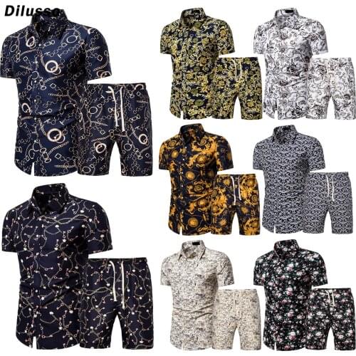 Fashion Hawaiian Print Short Sleeve Shirt Set Mens Beach Coconut Print Shorts Mens Daily Beach Shirt Set Two-piece S-3xl 2021