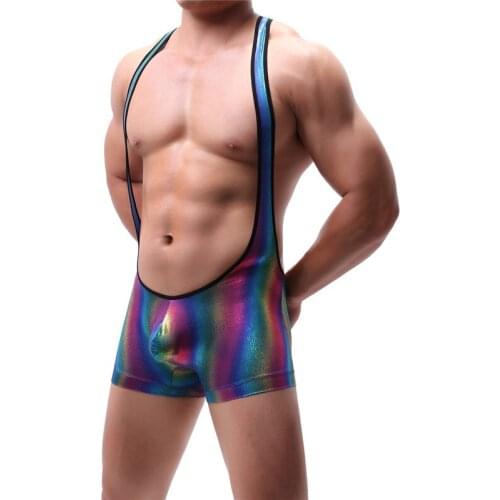 Men Jumpsuits Rainbow Printing Sexy Penis Pouch Bodysuits Wrestling Singlets Bodybuilding Male Undershirt Clubwear Gay One-piece