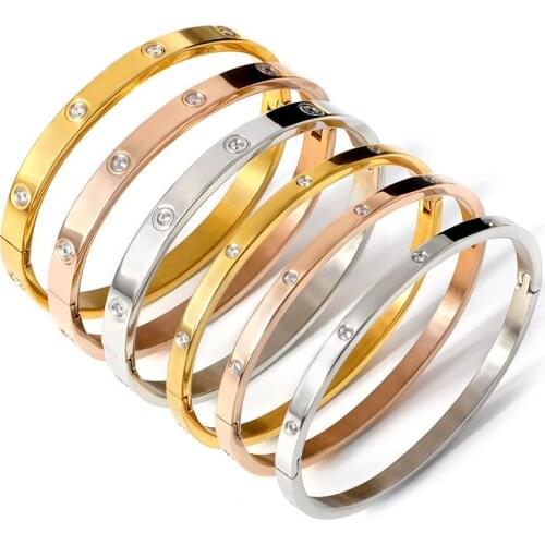 Stainless Steel Crystals Bangles Bracelets for Women Fashion Rose Gold Color Open Cuff Bangles Classic Jewelry