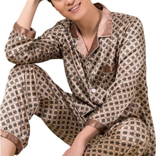 Imitation Silk Men Pajamas Set Long Sleeve Vintage Plus Size Turn-down Collar Men Nighty Set Sleeping Wear