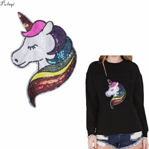 Pulaqi New Sequin Cute Unicorn Style Iron On Patches For Clothes Sewing On Patch DIY For Men Women Clothing Decor Acessories F