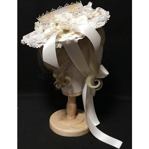 Q1QA Women Girls Lolita Elegant Tea Party Flat Hat Multilayer Lace Bonnet Artificial Flower Ribbon Bow Straw Beach Sun Cap