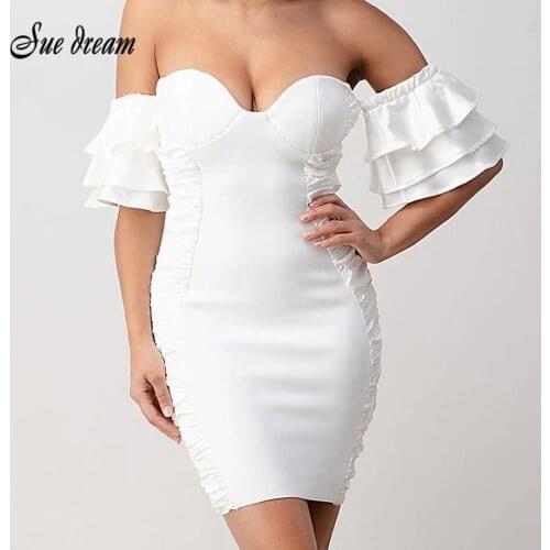 Sexy Off Shoulder Ruffled Tube Top Strapless Bodycon Bandage Dress 2021 New Summer Womens Elegant White Sleeveless Club Party