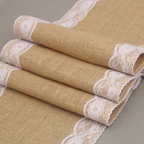 HAZY Vintage Natural Wedding Burlap Table Runner Jute Linen Lace Table Runners Christmas Dining Room Home Decoration