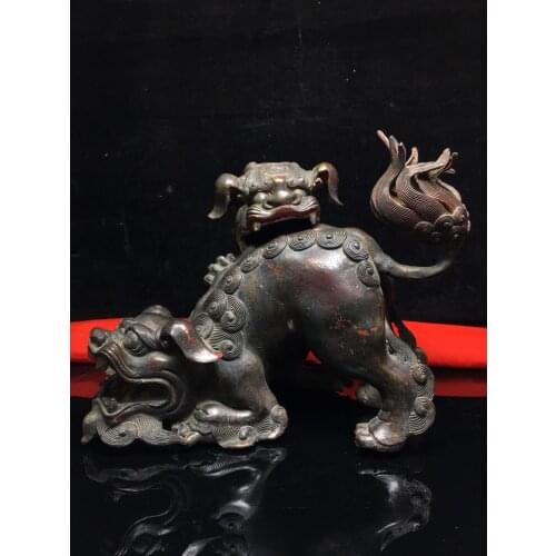Home Decor 10"Nepal Buddhism Old Bronze Cinnabar Lacquer Lion incense burner Mother and child lion statue Town House Exorcism