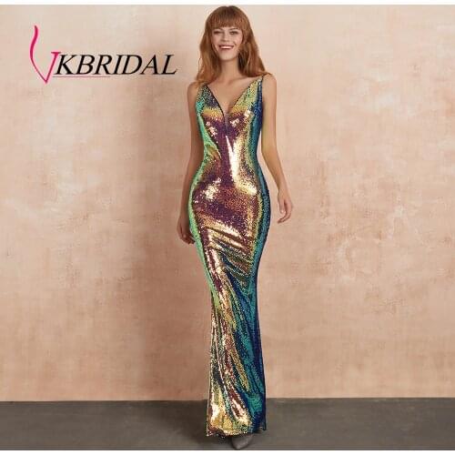 VKBRIDAL Iridescent Sequin Evening Dresses Long Sexy Backless Plunging V Neck Mermaid Dress Party Vestidos de Festa Longo