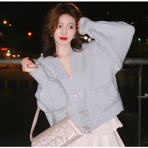 ZAWFL Women Fashion Rhinestone Buttons Loose Knitted Cardigan Sweater Vintage Long Sleeve Pockets Female Outerwear Chic Tops