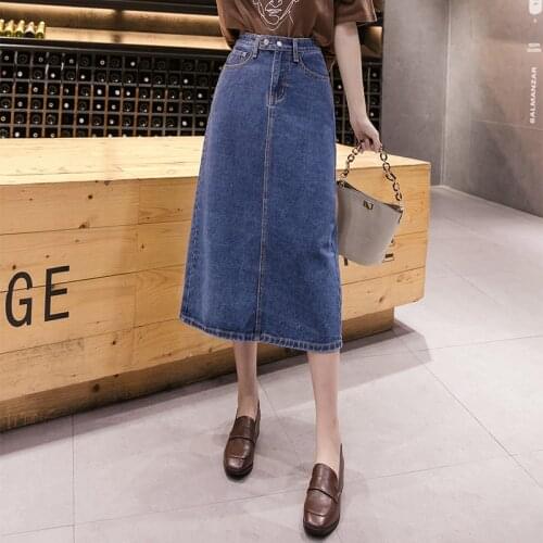 Long Denim Skirt Female Mid-length High Waist Loose A-line Skirt Plus Size Womens 2021 Summer New Jean Skirts Women BSQ298