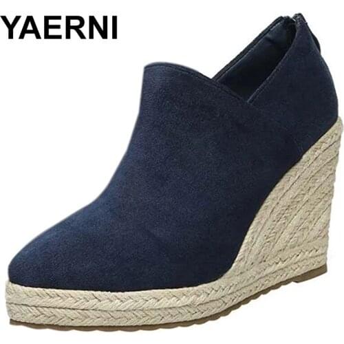 YAERNI Women High Heel Wedges 2021 Paltform New Style Shoes Espadriles Pointed Toe Thick Bottom Fashion High Heels Straw Sandals