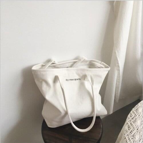 Women Canvas Tote Bags Fashion Korea Cloth Shopping Bag Leisure Shoulder Bags Large Capacity Eco Resuable Black White