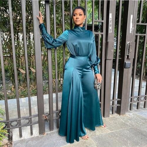 African Jumpsuits Women Blue Satin Long Sleeve High Waist Wide Leg Office Lady Vintage Jumpsuit Rompers