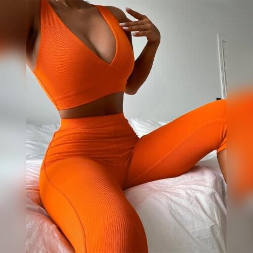 Womens 2021 Summer New Sleeveless V-neck Solid Color Slim Sports Suit Women Two Piece Set Crop Top + elastic Pants Gym Cloth