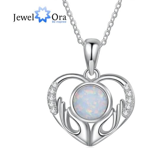 JewelOra Elegant Heart Pendant Necklace with Simulated Opal Stone Clear Cubic Zirconia Paved Women Necklace Fashion Accessories