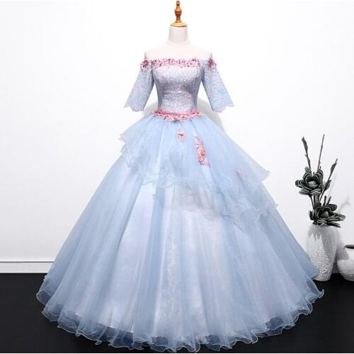 Elegant Party Prom Dress Fashion Boat Neck Quinceanera Dresses Lace Applique Half Sleeve Floor Length Stage Ball Gown