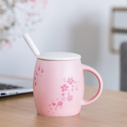 420ML Ceramic Pink Cherry Mug With Lid And Spoon Drinking Cup Home Office Creative Coffee Cup Men and Women Tea Cup