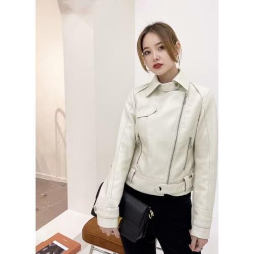 2021 New Women Autumn Winter Faux Soft Leather Jackets Lady White Pink Black Green PU Zippers Motorcycle Street Coats with Belt