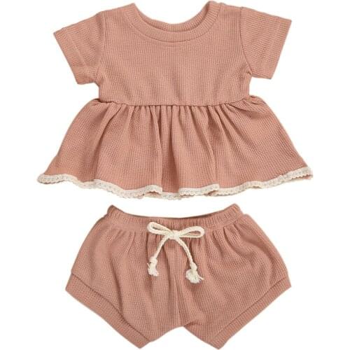 Citgeett Summer 0-3Y Kids Boys Girls Clothes Sets Solid Knit Ruffles Lace Short Sleeve Tops Shorts Set