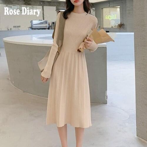RoseDiary Fashion Designer Sweater Dress 2021Spring Autumn Womens Long Sleeve Sashes Knitting Patchwork Gradient Pleated Dress