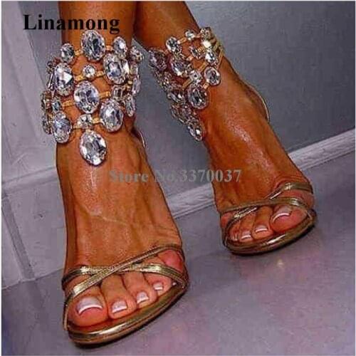 Fashion Elegant Women Gold Straps Cross Rhinestone High Heel Sandals Crystal Beads Luxury Wedding Shoes Dress Shoes Big Size