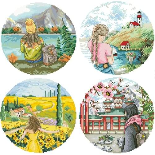 Four Seasons Tour Landscape Stamped Cross Stitch Embroidery Kits Needlework Packages 11CT 14CT Diy Handmade Paintings Home Decor