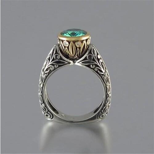 New Vintage Green Round Stone Crystal Rings For Women Finger Jewelry Wedding Band Fashion Antique Silver Color Rings Accessories