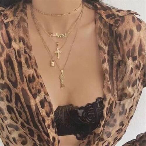 Trendy Cross Words Lock Kry Layered Choker Necklace Woman Girl Multi layer Statement Boho Pendants Necklaces Gold Jewelry New