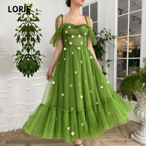 LORIE Grass Green Prom Dresses Spaghetti Straps Flowers A-Line Short Wedding Party Gown Girl Summer Graduation Dress 2021