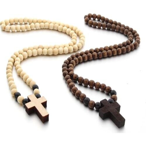 Retro Wooden Brown Short Cross Pendant Wooden Beaded Necklaces for Men Woman Rosary Wood Bead Payer Religious Jewelry Gift