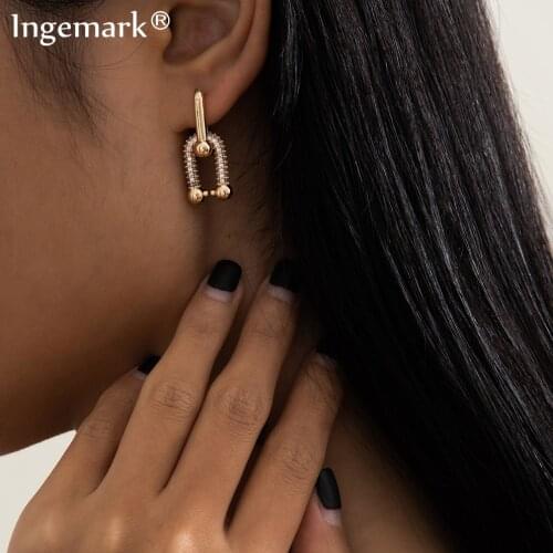 Kpop Micro Paved Rhinestone Lock Earrings Women Statement 2021 Punk Small Geometric Gold Color Piercing Earrings Party Jewelry