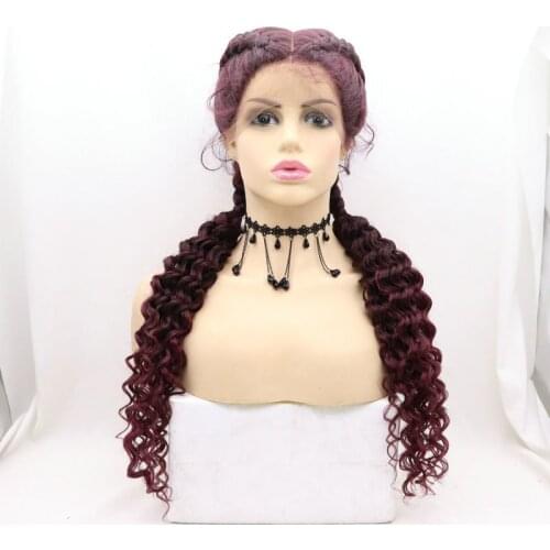 Melody Synthetic Lace Front Wig Handmade 2X Double Twist Braided Curly Hair 99J# for Women Natural Looking Drag Queen Daily Wear