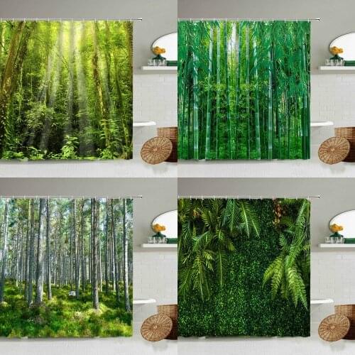 Natural Landscape Shower Curtain Forest Bamboo Forest Green Plants Spring Bathroom Bathtub Waterproof Screen Home Decoration