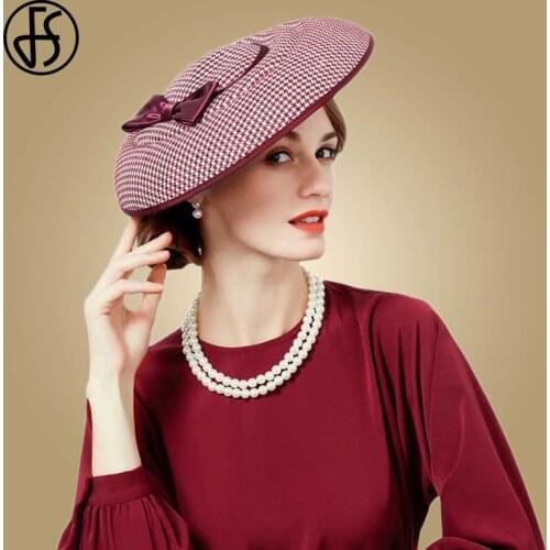 FS Fascinator Hats For Women Houndstooth Red Black Bowknot Felt Hat Pillbox Formal Cocktail Church Wedding Dress Chapeau Fedoras