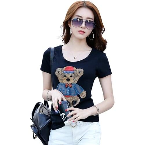 Fashion Cartoon Bear Diamond Pattern T Shirt Women Slim O-Neck Summer Top Beading Casual Cotton T-Shirts Short Sleeve S Tees
