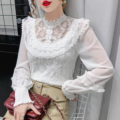 Blusas Mujer De Moda 2020 Autumn Fashion New Lace Chiffon Hollow Out Long Sleeve White Black Apricot Women Blouse Top 828G