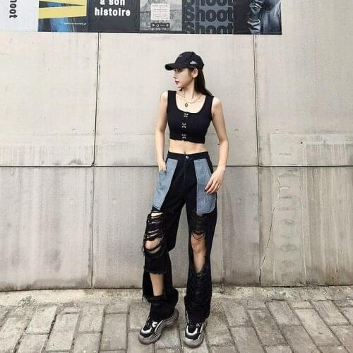Summer 2021 New Ripped Jeans Loose Straightforward Design Sense Stitching Contrast Color Wide Leg Streetwear Women Pants Black