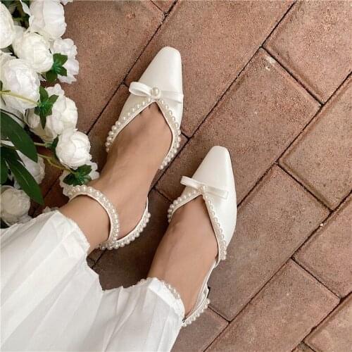 Pearl Crystal Mid Heels Slingbacks Pumps For Women Girls Elegant Bowties Sandals Butterfly Knot Party Dress Wedding Shoes
