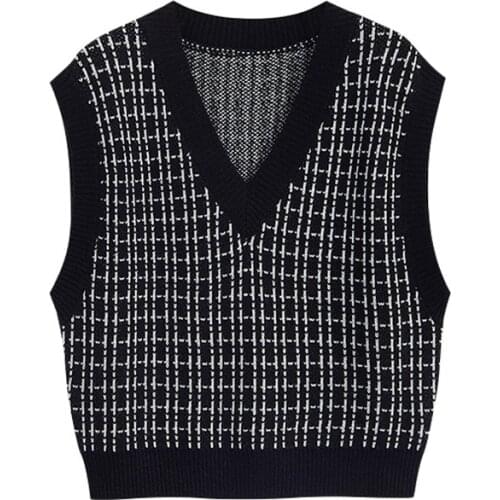 Women Fashion Houndstooth Loose Knitted Vest Sweater V Neck Sleeveless Side Vents Female Waistcoat Chic Tops【Fans Reduce $1