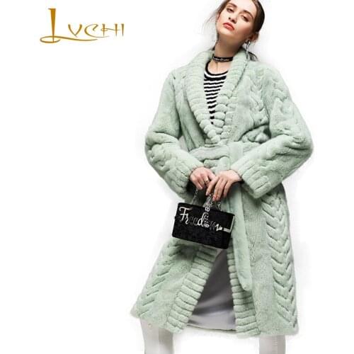 LVCHI Winter 2019 Womens Wave Cut Slim Mink Coat Natural Fur Long Sleeve Sashes X-Long Mink Coats Imported Velvet Mink Fur Coat