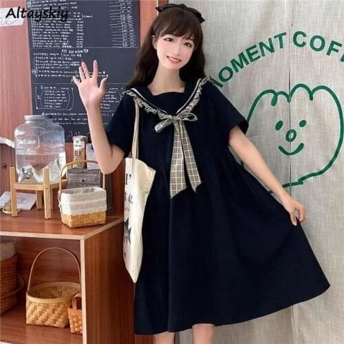 Dress Women Japanese Style Sweet Bow Preppy Girls Summer Short Sleeve Ulzzang Baggy Sailor Collar Vestidos Casual All-match Chic