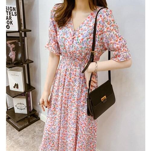 2021 Summer New Dress Womens printed Ruffles Purple Dress Lady V-neck Chiffon Dress Female High Waist A-line Party Vestidos