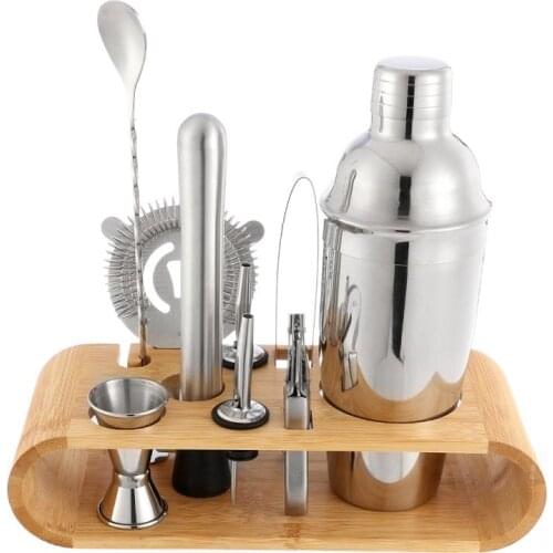 10Pcs Bartender Set Cocktail Maker Barware 750ml Stainless Steel Cocktail Shaker with Bamboo Base DIY Drink Mixer