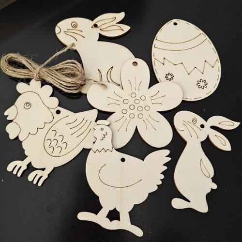 5Pcs/Set Easter Decorations Easter Wood Chips Hanging Ornaments Wooden Rabbit Hen Eggs Chicken Home Party Happy Easter Handcraft