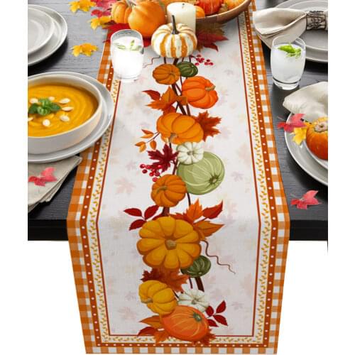 Thanksgiving Autumn Pumpkin Maple Leaf Table Runner Dining Table Wedding Party Christmas Cake Floral Tablecloth Decoration