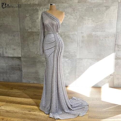 Glitter Sequin Tulle Evening Gowns Mermaid One Shoulder Long Sleeve Formal Dress Dubai Arabic Prom Dresses Vestidos Elegant