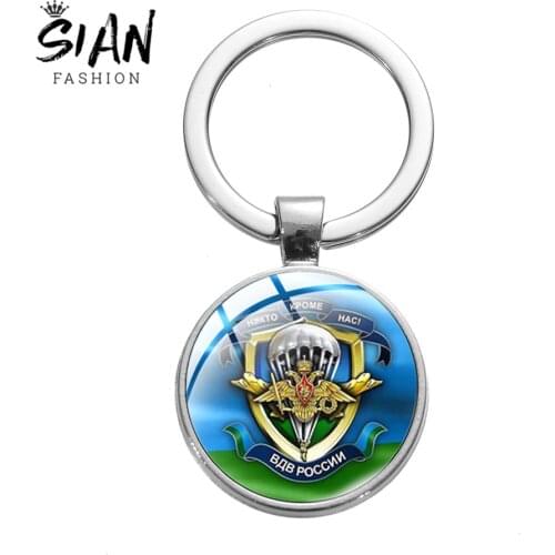 SIAN New Russian Military Airborne Forces Keychain Paratrooper Commandos Photo Glass Dome Keyring Men Motorcycle Car Key Chain