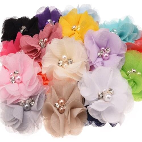 18PCS Pearl Rhinestone Chiffon flowers Hair Accessories DIY Flower Bouquet Flowers Decorations No Hair clips for headband