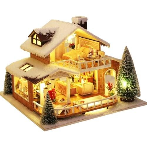 DIY Wooden Christmas Eve Doll House Kit Miniature With Furniture Snow Cottage Dining Room Dollhouse Model Toys For Children Gift
