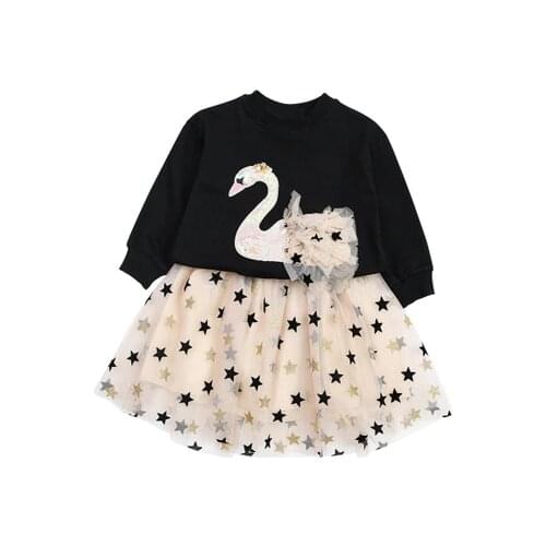 2020 autumn and winter new childrens fashion lovely color swan round neck star mesh princess dress girls clothes girl dresses