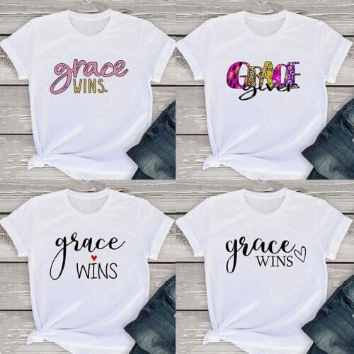 Women Graphic Tee Grace Wins Print T-Shirt Faith Christian Summer 90s Style Casual Tshirt Fashion Aesthetic Female Clothes Tops